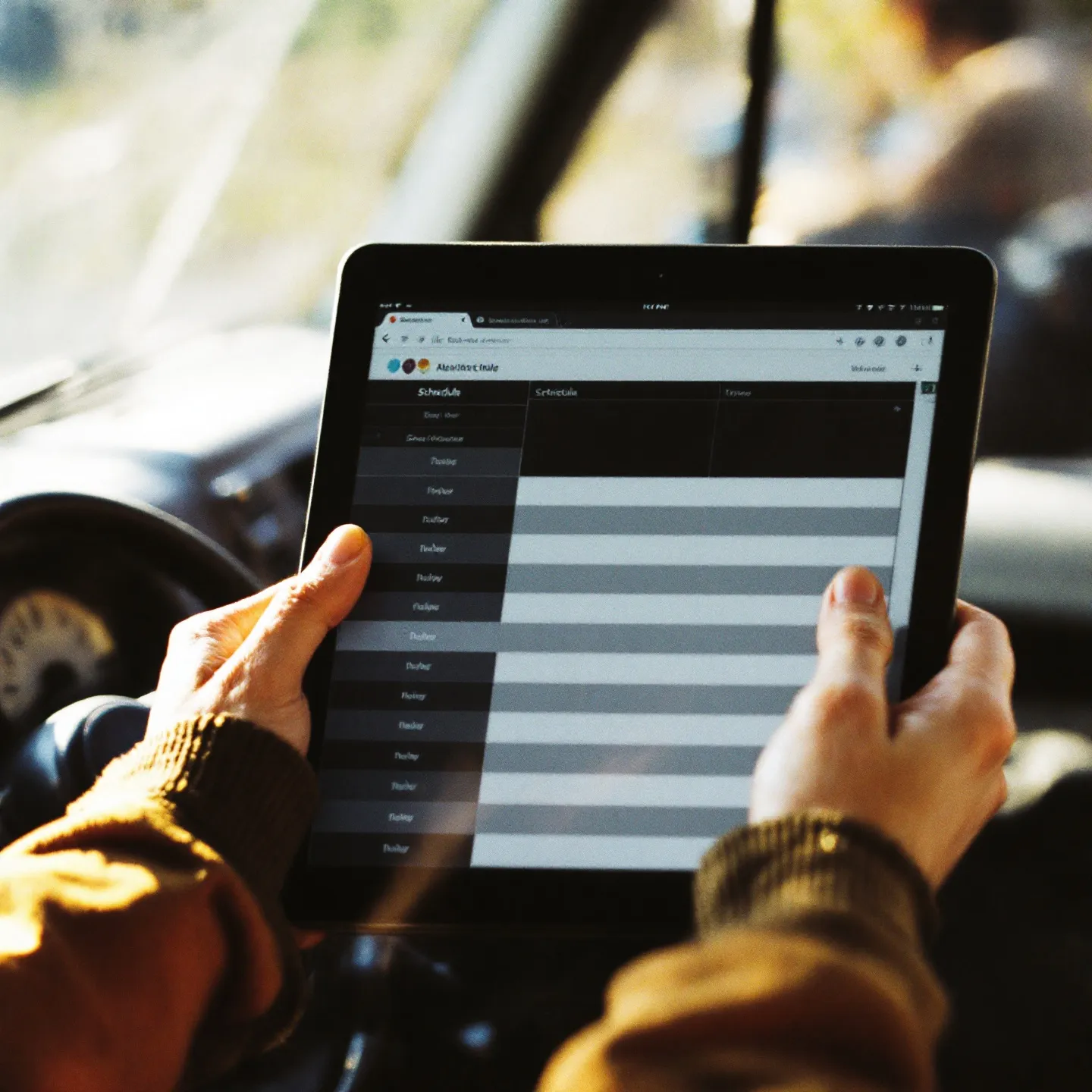 Work worn hands holding a tablet showing a schedule, van interior blurred behind.