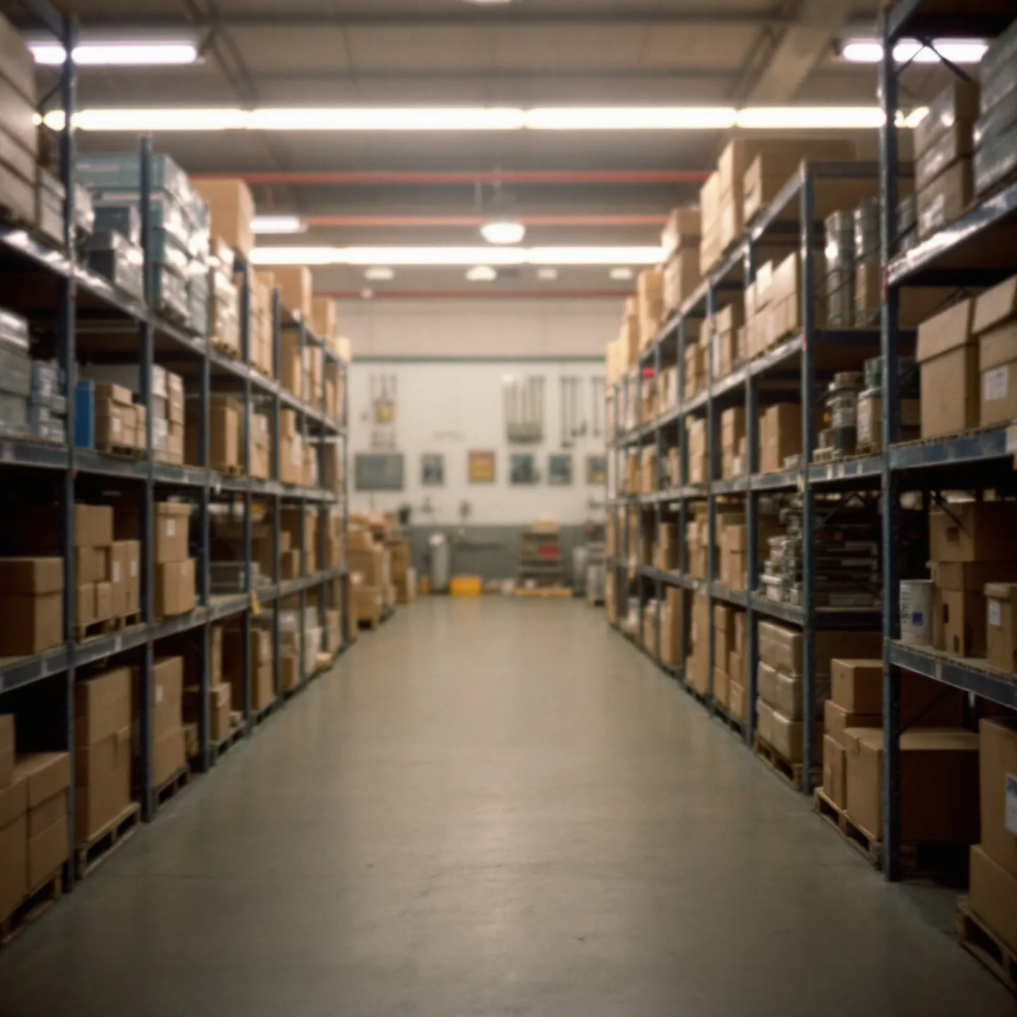 A contractor supply warehouse aisle, organized shelving receding into soft focus.